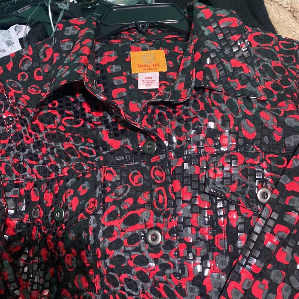 Plus Size, Ruby Rd. Sparkly Jacket, Red Black Gre… - image 2